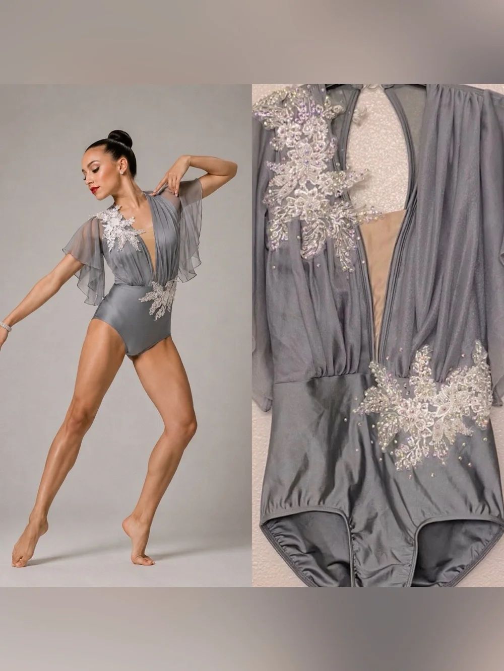 Glamour solo dance costume gray lyrical flutter illusion contemporary SA adult